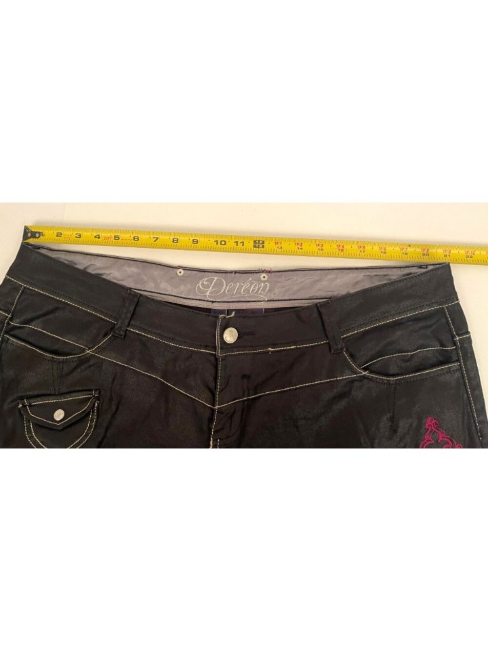 Dereon Womens Plus Size 20W Black Shiny Denim Purple Embroidery Skinny Jeans - Picture 12 of 13